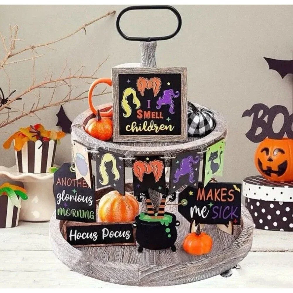 10pc Set Whimsical Halloween Hocus Pocus Tiered Tray Decor Set Witches Cauldron - Picture 4 of 7